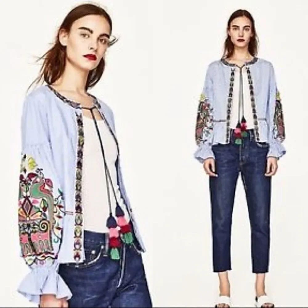 NWOT Blue White Embroidered Top